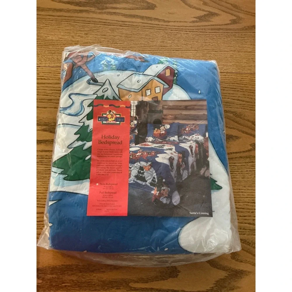 Disney Mickey Mouse Vintage Holiday Bedspread Twin Santa's Coming Reindeer Blue